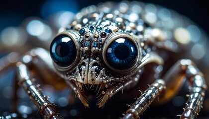 Close-up of an insect with large, vibrant blue eyes and a detailed exoskeleton