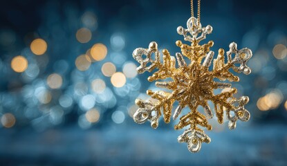 Ornate snowflake ornament, soft blue bokeh