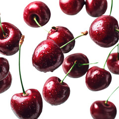 Fresh cherries in mid-air, glistening with water droplets