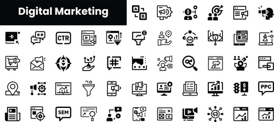 A collection of digital marketing icons showcasing various strategies and tools, including analytics, social media, and advertising elements in a sleek black and white design.