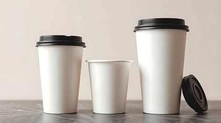Minimalist 3D rendering of disposable white coffee cup with plastic lid, isolated on clean white background, ideal for branding mockup, takeaway beverage packaging, or café design."
