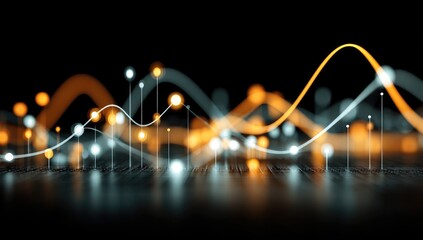 Abstract data visualization.  Glowing lines and points representing complex data trends against a dark background