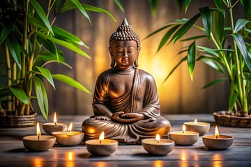 A serene buddha statue in a meditative pose surrounded by flickering candles and lush green bamboo plants, creating a peaceful and spiritual ambiance