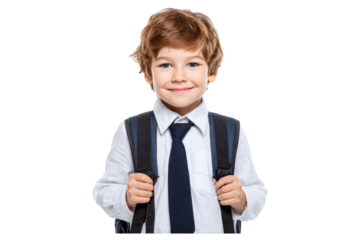 Cheerful schoolboy with bright blue eyes and brown hair wearing a uniform with a tie and backpack.