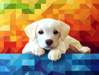 Adorable white labrador puppy leaning paws against bright geometric pattern, expressing playful energy and youthful charm with soft fur and innocent expression