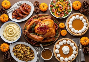 Overhead view of a Thanksgiving feast with roasted turkey and pumpkin pies image
