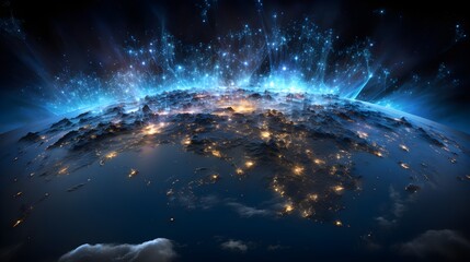 Obraz premium This stunning artwork captures a luminous planet surrounded by an ethereal, celestial glow, and glowing city lights.