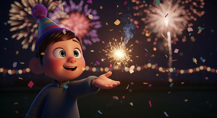A cheerful boy joyfully celebrating with fireworks and confetti during a special occasion. 