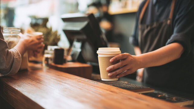 Barista hands holding disposable coffee cup