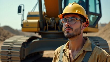 Dedicated construction worker in safety gear surveys project site with heavy machinery background