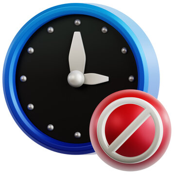 3D blue clock icon featuring a red block symbol to represent busy schedules, available slots, or time management. Isolated on transparent background for professional UI design.
