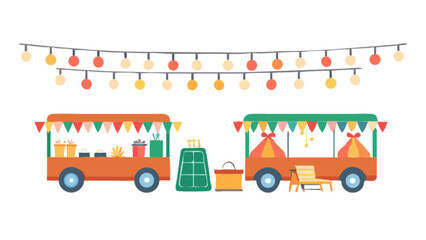 Illustration of two market carts with colorful flags and string lights, isolated on white background, perfect for fair, festival, or outdoor event designs, showcasing retail and business concepts