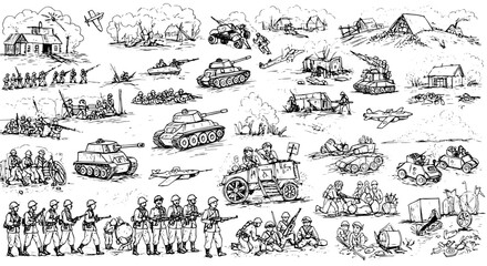Detailed Black  White Military Combat Scenes: Hand-Drawn Illustrations Depicting Soldiers, Tanks, Aircraft, and Wartime Destruction Vignettes.