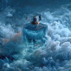 Blue Perfume Bottle, Smoky Background, Elegant Display