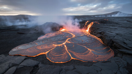 Photograph of desolate lava field with glowing lava flows under cloudy sky, creating dramatic and intense atmosphere