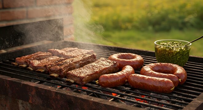 Argentinian-style asado barbecue with grilled beef ribs, sausages, and chimichurri sauce, cooking on a parrilla grill with smoke and rustic background, outdoor setting, warm tones