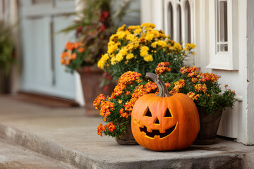 Halloween pumpkin jack o' lantern and flowers on front porch, exterior home decor, seasonal decorations, copyspace