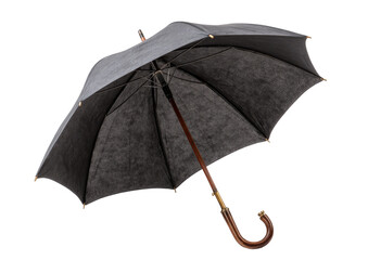 Dark gray umbrella, open, against a black background