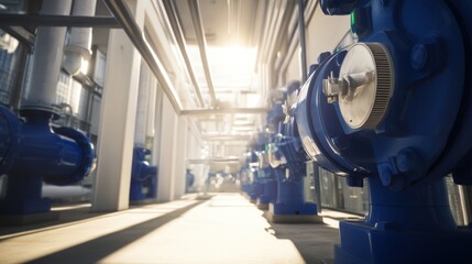 Industrial setting with multiple blue cylindrical pumps or motors aligned in a row,