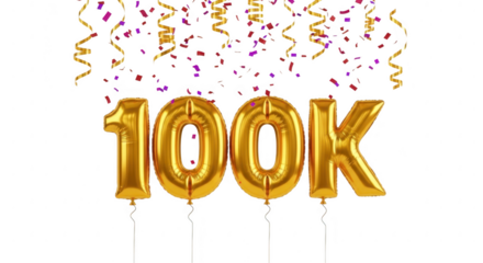 One hundred k celebration with golden balloons isolated on transparent background