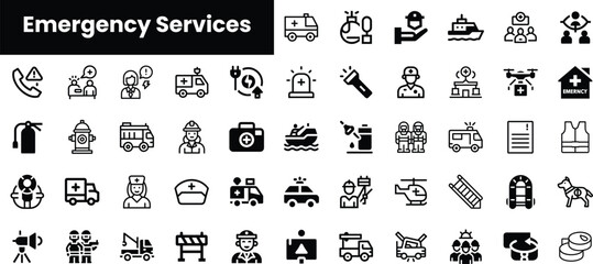 A comprehensive collection of emergency services icons, showcasing various responders and equipment in black and white for easy identification.