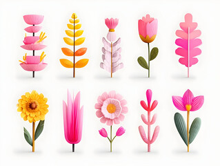 Colorful 3d paper flowers blooming against white backdrop, showcasing vivid spring palette with intricate handcrafted botanical elements arranged in playful composition