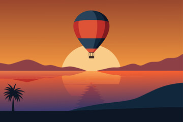 Obraz premium Serene sunset hot air balloon ride over calm water with palm tree silhouette