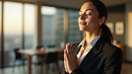 Calm Businesswoman Practicing Mindfulness and Meditation in Office Environment at Sunset