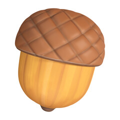 A stylized 3D acorn features a brown cap with a quilted texture and a smooth, ribbed orange body.