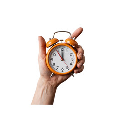 Hand Holding an Orange Alarm Clock Showing Twelve O'Clock