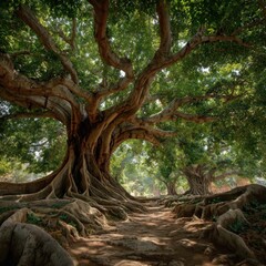 Obraz premium Towering trees with thick branches spread overhead, while their gnarled roots intertwine along a dusty trail, highlighting the tranquility of this secluded forest.