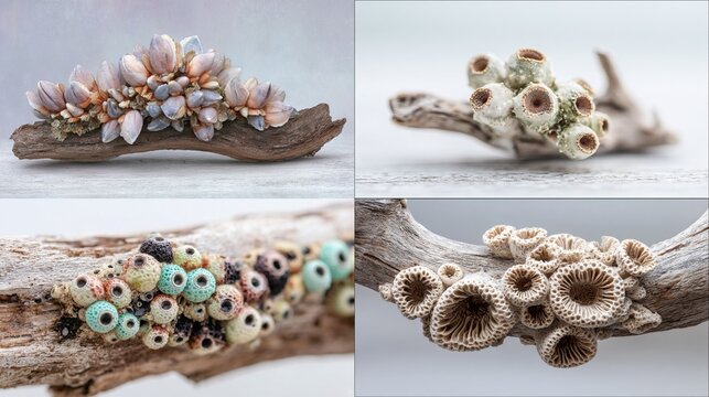 Quadruple close-up showcasing four unique driftwood pieces adorned with meticulously crafted, colorful, shell-like and coral-like formations. 