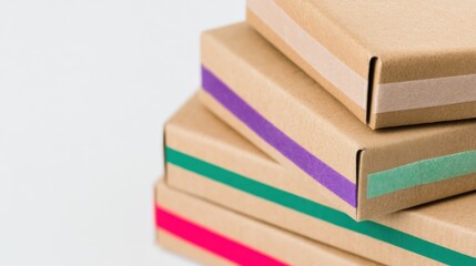 Four brown cardboard boxes stacked vertically with colored tape edges, red green purple beige,