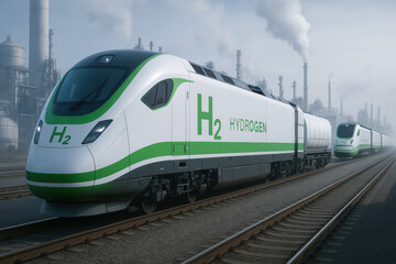 Naklejka premium Green hydrogen train moves through industrial area with smoke stacks in background showing clean energy progress