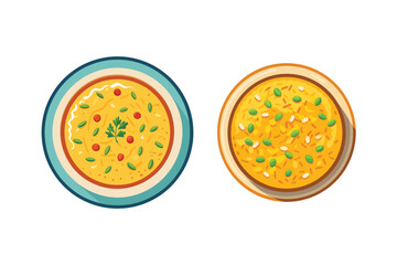 Bowls of delicious soup, one with parsley and chili flakes, the other with green onions and sesame seeds, presented from a topdown view, isolated on a white background