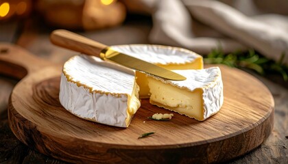 Creamy brie cheese wheel on rustic wooden board with knife and soft lighting