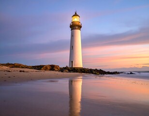 Coastal lighthouse at sunset, reflecting in wet sand