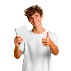 Teen boy thumbs up with notebook