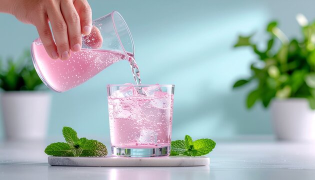 An ultra-realistic action shot of a person pouring a vibrant, pink-colored traditional drink (like rose milk or Rooh Afza) from a clear glass pitcher into elegant glasses filled with ice and mint leav