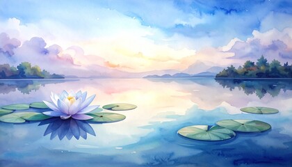 Serene watercolor lotus flower painting on a tranquil lake at dawn serene.