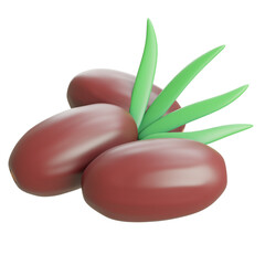 3D illustration of jojoba fruits with green leaves, used in natural skincare, organic cosmetics, herbal oil, agriculture, and wellness industry.

