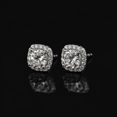 Square Diamond Earrings, Jewelry Studio, Dark Background, Reflection, Advertising