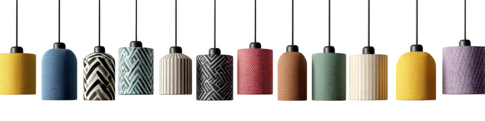 Cylindrical pendant lights in various colors and patterns