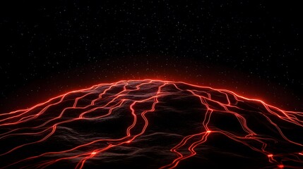 A stark black backdrop filled with celestial stars sets the scene for a dynamic landscape where a textured, dark terrain is dramatically lit up by a glowing, red, vein-like network.