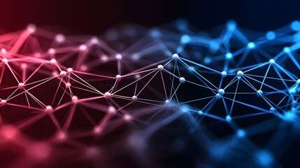 The image displays an abstract network of connected white spheres on linear connections with a color gradient shifting from deep red to blue over a dark background.
