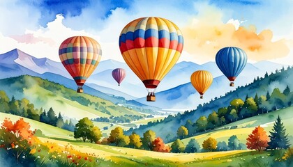 Fototapeta premium Dreamy watercolor landscape, colorful hot air balloons soaring above a serene valley at dawn.
