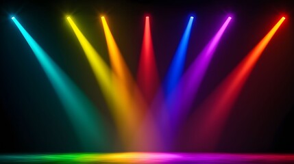 The image showcases seven vibrant, colorful spotlights illuminating a dark stage, creating a dynamic and visually striking scene with a rainbow effect on the floor.