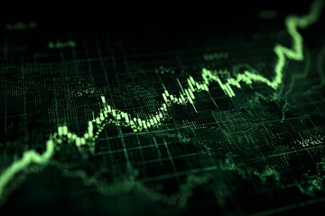A green stock market graph rising against a black background,