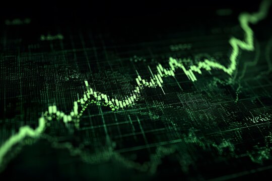 A green stock market graph rising against a black background,