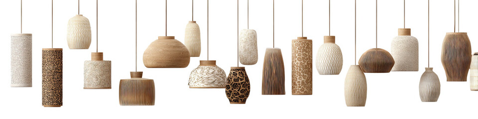 Hanging ceramic pendants in various shapes and colors